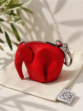 Loewe Red Elephant Coin Pouch Keychain Bag Charm Leather